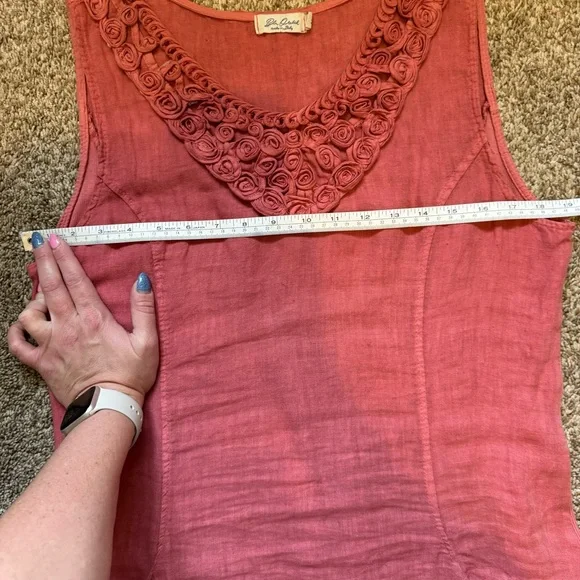 Blu Orchid Coral Pink Italian Linen Rosette Neck Sleeveless Mini Shirt Dress Med - Picture 12 of 13